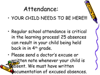 Attendance: YOUR CHILD NEEDS TO BE HERE!!! Regular school attendance is critical in the learning process! 25 absences can result in your child being held back in in 4 th  grade.  Please send a doctor’s excuse or written note whenever your child is absent. We must have written documentation of excused absences.  