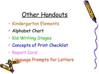 Other Handouts Kindergarten Elements   Alphabet Chart Kid Writing Stages Concepts of Print Checklist Report Card Language Prompts for Letters 