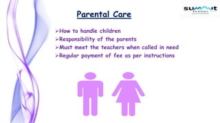 Parental Care
How to handle children
Responsibility of the parents
Must meet the teachers when called in need
Regular payment of fee as per instructions
 