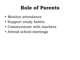 Role of Parents
• Monitor attendance
• Support study habits
• Communicate with teachers
• Attend school meetings