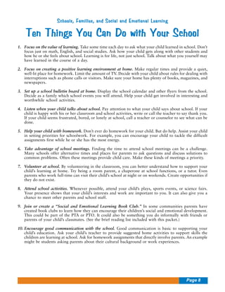 Schools, Families, and Social and Emotional Learning

Ten Things You Can Do with Your School
1. Focus on the value of learning. Take some time each day to ask what your child learned in school. Don’t
focus just on math, English, and social studies. Ask how your child gets along with other students and
how he or she feels about school. Learning is for life, not just school. Talk about what you yourself may
have learned in the course of a day.
2. Focus on creating a positive learning environment at home. Make regular times and provide a quiet,
well-lit place for homework. Limit the amount of TV. Decide with your child about rules for dealing with
interruptions such as phone calls or visitors. Make sure your home has plenty of books, magazines, and
newspapers.
3. Set up a school bulletin board at home. Display the school calendar and other flyers from the school.
Decide as a family which school events you will attend. Help your child get involved in interesting and
worthwhile school activities.
4. Listen when your child talks about school. Pay attention to what your child says about school. If your
child is happy with his or her classroom and school activities, write or call the teacher to say thank you.
If your child seems frustrated, bored, or lonely at school, call a teacher or counselor to see what can be
done.
5. Help your child with homework. Don’t ever do homework for your child. But do help. Assist your child
in setting priorities for schoolwork. For example, you can encourage your child to tackle the difficult
assignments first while he or she has the most energy.
6. Take advantage of school meetings. Finding the time to attend school meetings can be a challenge.
Many schools offer alternative times and places for parents to ask questions and discuss solutions to
common problems. Often these meetings provide child care. Make these kinds of meetings a priority.
7. Volunteer at school. By volunteering in the classroom, you can better understand how to support your
child’s learning at home. Try being a room parent, a chaperone at school functions, or a tutor. Even
parents who work full-time can visit their child’s school at night or on weekends. Create opportunities if
they do not exist.
8. Attend school activities. Whenever possible, attend your child’s plays, sports events, or science fairs.
Your presence shows that your child’s interests and work are important to you. It can also give you a
chance to meet other parents and school staff.
9. Join or create a “Social and Emotional Learning Book Club.” In some communities parents have
created book clubs to learn how they can encourage their children’s social and emotional development.
This could be part of the PTA or PTO. It could also be something you do informally with friends or
parents of your child’s classmates. (See the brief reading list included with this packet.)
10. Encourage good communication with the school. Good communication is basic to supporting your
child’s education. Ask your child’s teacher to provide suggested home activities to support skills the
children are learning at school. Ask for homework assignments that directly involve parents. An example
might be students asking parents about their cultural background or work experiences.

Page 8

 