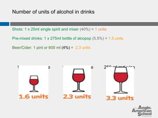 Number of units of alcohol in drinks 
Shots: 1 x 25ml single spirit and mixer (40%) = 1 units 
Pre-mixed drinks: 1 x 275ml bottle of alcopop (5.5%) = 1.5 units 
Beer/Cider: 1 pint or 600 ml (4%) = 2.3 units 
125 mls red wine 175 ml red wine 250 ml red wine 
 
