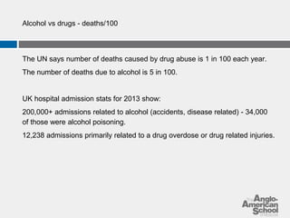Alcohol vs drugs - deaths/100 
The UN says number of deaths caused by drug abuse is 1 in 100 each year. 
The number of deaths due to alcohol is 5 in 100. 
UK hospital admission stats for 2013 show: 
200,000+ admissions related to alcohol (accidents, disease related) - 34,000 
of those were alcohol poisoning. 
12,238 admissions primarily related to a drug overdose or drug related injuries. 
 