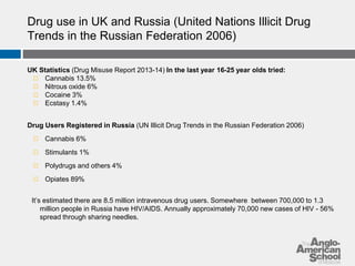 Drug use in UK and Russia (United Nations Illicit Drug 
Trends in the Russian Federation 2006) 
UK Statistics (Drug Misuse Report 2013-14) In the last year 16-25 year olds tried: 
◻ Cannabis 13.5% 
◻ Nitrous oxide 6% 
◻ Cocaine 3% 
◻ Ecstasy 1.4% 
Drug Users Registered in Russia (UN Illicit Drug Trends in the Russian Federation 2006) 
◻ Cannabis 6% 
◻ Stimulants 1% 
◻ Polydrugs and others 4% 
◻ Opiates 89% 
It’s estimated there are 8.5 million intravenous drug users. Somewhere between 700,000 to 1.3 
million people in Russia have HIV/AIDS. Annually approximately 70,000 new cases of HIV - 56% 
spread through sharing needles. 
 