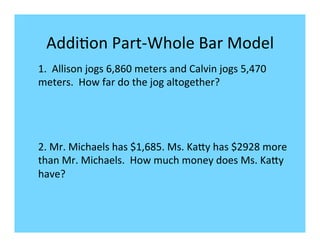 Addi-on	
  Part-­‐Whole	
  Bar	
  Model	
  
1.	
  	
  Allison	
  jogs	
  6,860	
  meters	
  and	
  Calvin	
  jogs	
  5,470	
  
meters.	
  	
  How	
  far	
  do	
  the	
  jog	
  altogether?	
  
	
  



2.	
  Mr.	
  Michaels	
  has	
  $1,685.	
  Ms.	
  Kaby	
  has	
  $2928	
  more	
  
than	
  Mr.	
  Michaels.	
  	
  How	
  much	
  money	
  does	
  Ms.	
  Kaby	
  
have?	
  
 