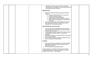 10
standards can lead to a lack of clarity in educational
outcomes such as misalignment of learning objectives and
inconsistent classroom practices.
ABSTRACTION
1. Play the recorded video which discusses the following
contents:
a. Context of the MATATAG K to 10 Curriculum
b. Curriculum Revision Process
c. Factors which Guided the Revision
d. Salient Features of the MATATAG Curriculum
e. Ways Forward and Aspirations of the MATATAG
Curriculum
2. To check the participants’ understanding, the video has
been spliced per key content. Elicit answers from the
participants on the provided questions.
APPLICATION: My Learning Journey
1. In two minutes, ask the participants to write down what
they have learned at every stage of the general shape of
the MATATAG Curriculum?
2. The participants may opt to share their answers using the
online interactive platform PADLET or the printed
worksheet.
3. Provide the mechanics in using the PADLET and show the
QR Code for the activity.
4. After 2 minutes, present the PADLET interface then read
the live responses of the participants.
CLOSING
1. Wrap up the session by going back to the Hot Air Balloon
Retrospective and relate it to the key contents of the
MATATAG Curriculum.
2. Share the quote to the participants about
“A good curriculum is not about covering content; it's about
creating experiences for students to engage with and make
meaning of the content." - Grant Wiggins
 
