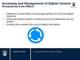 Accessing and Management of Digital Content Perspectives from PRDLA Collections, preservation, and storage facilities for print and digital resources Achieving balance between e-book services and paperbook service models Curating the complete life-cycle of digital information 