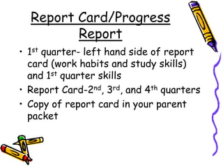 Report Card/Progress Report1st quarter- left hand side of report card (work habits and study skills) and 1st quarter skillsReport Card-2nd, 3rd, and 4th quartersCopy of report card in your parent packet