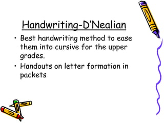 Handwriting-D’NealianBest handwriting method to ease them into cursive for the upper grades.Handouts on letter formation in packets