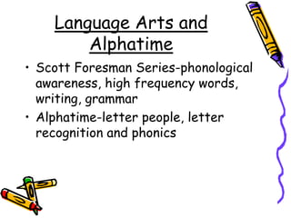 Language Arts and AlphatimeScott Foresman Series-phonological awareness, high frequency words, writing, grammarAlphatime-letter people, letter recognition and phonics