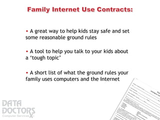 A great way to help kids stay safe and set some reasonable ground rules  A tool to help you talk to your kids about a ‘tough topic’ A short list of what the ground rules your family uses computers and the Internet 