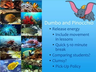 Dumbo and Pinocchio
 • Release energy
   • Include movement
     in lessons
   • Quick 5-10 minute
     break
 • Comparing students?
 • Clumsy?
   • Pick-Up Policy
 