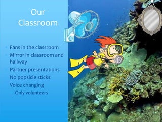 Our
   Classroom

Fans in the classroom
Mirror in classroom and
hallway
Partner presentations
No popsicle sticks
Voice changing
  Only volunteers
 
