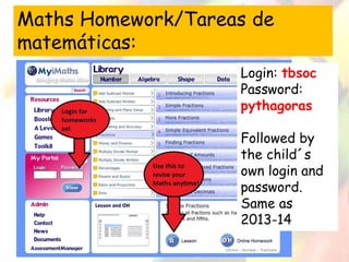 Maths Homework/Tareas de 
matemáticas: 
Login: tbsoc 
Password: 
pythagoras 
Followed by 
the child´s 
own login and 
password. 
Same as 
2013-14 
 