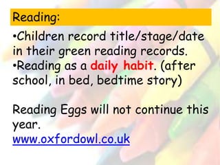Reading: 
•Children record title/stage/date 
in their green reading records. 
•Reading as a daily habit. (after 
school, in bed, bedtime story) 
Reading Eggs will not continue this 
year. 
www.oxfordowl.co.uk 
 