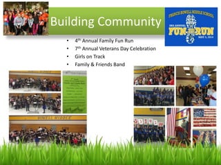 Building Community
• 4th Annual Family Fun Run
• 7th Annual Veterans Day Celebration
• Girls on Track
• Family & Friends Band
 