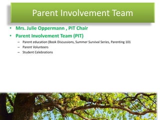 Parent Involvement Team
• Mrs. Julie Oppermann , PIT Chair
• Parent Involvement Team (PIT)
– Parent education (Book Discussions, Summer Survival Series, Parenting 101
– Parent Volunteers
– Student Celebrations
 