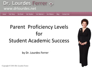 Parent  Proficiency Levels   for    Student Academic Success   by Dr. Lourdes Ferrer www.drlourdes.net Copyright  ©  2011 Dr. Lourdes Ferrer 