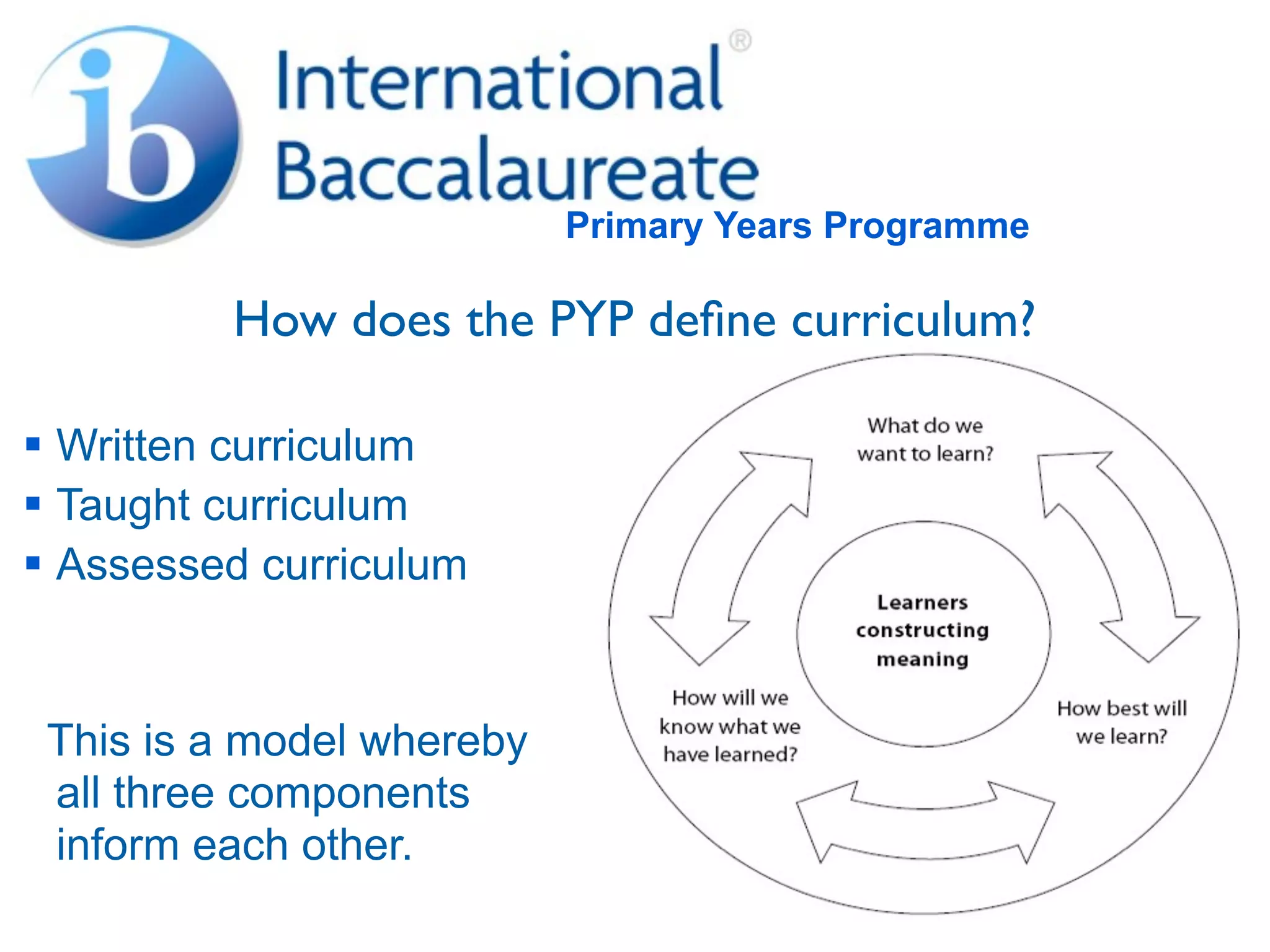 Primary Years Programme

         How does the PYP deﬁne curriculum?

 Written curriculum
 Taught curriculum
 Assessed curriculum


 This is a model whereby
 all three components
 inform each other.
 
