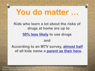 You do matter …
              Kids who learn a lot about the risks of
                     drugs at home are up to
                         50% less likely to use drugs
                                                    and
           According to an MTV survey, almost half
            of all kids name a parent as their hero.



Partnership for a Drug-Free America, Partnership Attitude Tracking Study, 2008; Associated
Press / MTV Youth Happiness Study, 2007
 