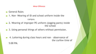Minor Offences
► General Rules
► 1. Non- Wearing of ID and school uniform inside the
campus.
► 2. Wearing of improper PE uniform (jogging pants) inside
the school
► 3. Using personal things of others without permission.
► 4. Loitering during class hours and non – observance of
the curfew time of
5:00 PM.
 
