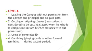 MAJOR OFFENSES
► LEVEL A.
► 1. Leaving the Campus with out permission from
the adviser and principal and no gate pass.
► 2. Cutting or skipping classes ( aa student is
considered to be cutting classes when he /she is
in campus but misses his/her class/es with out
permission)
► 3. Using of some else ID
► 4. Gambling (playing cards or other form of
gambling during vacant period.
 