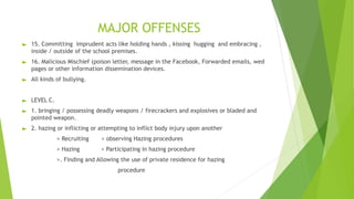MAJOR OFFENSES
► 15. Committing imprudent acts like holding hands , kissing hugging and embracing ,
inside / outside of the school premises.
► 16. Malicious Mischief (poison letter, message in the Facebook, Forwarded emails, wed
pages or other information dissemination devices.
► All kinds of bullying.
► LEVEL C.
► 1. bringing / possessing deadly weapons / firecrackers and explosives or bladed and
pointed weapon.
► 2. hazing or inflicting or attempting to inflict body injury upon another
> Recruiting > observing Hazing procedures
> Hazing > Participating in hazing procedure
>. Finding and Allowing the use of private residence for hazing
procedure
 