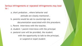 Serious Infringements or repeated infringements may lead
to :
a. short probation , where behavior and
attitude are closely monitored .
b. parents would be ask to countersign any
documentation associated with this procedure.
c. Parent interviews with the teacher,
d. student / parent interviews with the principal
e. pastoral care will be provided, the student
with the opportunity to talk to the principal,
or suspend or expel student
 