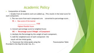 Academic Policy
► Computation of Grades
> Grades from all students work are added up , This results in the total score for
each component.
1. The raw score from each component are converted to percentage score .
PS = Raw score of the learner
_____________________ X100
Highest Possible Score
2. Convert percentage score to weighted Score
WS = Percentage score X Weight of Component
4. Multiply the Percentage by the weight of each component.
5. Add the weighted score of each component the
result will the initial grade,
6. Transmute the initial grade using the Transmutation Table
Provided in the Dep Ed order nos. 8 s .
 
