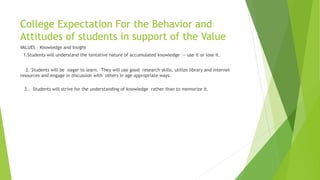 College Expectation For the Behavior and
Attitudes of students in support of the Value
VALUES – Knowledge and Insight
1.Students will understand the tentative nature of accumulated knowledge -- use it or lose it.
2. Students will be eager to learn. They will use good research skills, utilize library and internet
resources and engage in discussion with others in age appropriate ways.
3.. Students will strive for the understanding of knowledge rather than to memorize it.
 