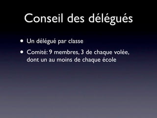 Conseil des délégués
• Un délégué par classe
• Comité: 9 membres, 3 de chaque volée,
  dont un au moins de chaque école
 