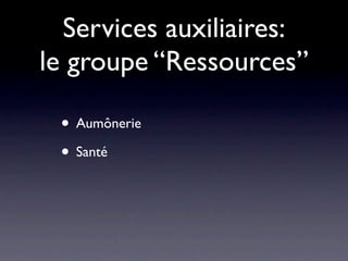 Services auxiliaires:
le groupe “Ressources”

 • Aumônerie
 • Santé
 