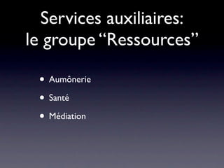 Services auxiliaires:
le groupe “Ressources”

 • Aumônerie
 • Santé
 • Médiation
 