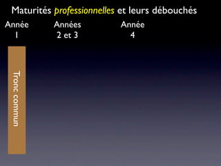 Maturités professionnelles et leurs débouchés
Année           Années     Année
  1             2 et 3       4
 Tronc commun
 