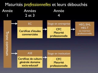 Maturités professionnelles et leurs débouchés
Année               Années                  Année
  1                 2 et 3                    4

                        EC             Stage en entreprise     HEG, EHL
                                              CFC               HES-T
                Certiﬁcat d’études                             ou insertion
                                            Maturité
 Tronc commun




                  commerciales                                professionnelle
                                         professionnelle




                        ASE            Stage en institution
                Certiﬁcat de culture          CFC
                 générale domaine           Maturité
                   socio-educatif        professionnelle
 