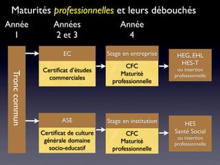 Maturités professionnelles et leurs débouchés
Année               Années                  Année
  1                 2 et 3                    4

                        EC             Stage en entreprise     HEG, EHL
                                              CFC               HES-T
                Certiﬁcat d’études                             ou insertion
                                            Maturité
 Tronc commun




                  commerciales                                professionnelle
                                         professionnelle




                        ASE            Stage en institution      HES
                Certiﬁcat de culture          CFC             Santé Social
                                                               ou insertion
                 générale domaine           Maturité          professionnelle
                   socio-educatif        professionnelle
 