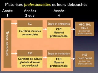 Maturités professionnelles et leurs débouchés
Année               Années                  Année
  1                 2 et 3                    4

                        EC             Stage en entreprise     HEG, EHL
                                              CFC               HES-T
                Certiﬁcat d’études                             ou insertion
                                            Maturité
 Tronc commun




                  commerciales                                professionnelle
                                         professionnelle




                        ASE            Stage en institution      HES
                Certiﬁcat de culture          CFC             Santé Social
                                                               ou insertion
                 générale domaine           Maturité          professionnelle
                   socio-educatif        professionnelle
 