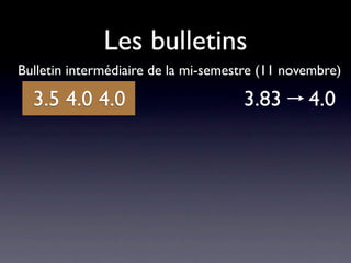 Les bulletins
Bulletin intermédiaire de la mi-semestre (11 novembre)

  3.5 4.0 4.0                        3.83       4.0
 