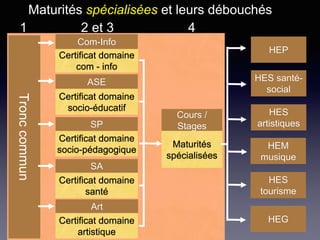 Tronccommun
ASE
Certificat domaine
socio-éducatif
SP
Certificat domaine
socio-pédagogique
SA
Certificat domaine
santé
Art
Certificat domaine
artistique
Cours /
Stages
Maturités
spécialisées
2 et 31 4
Maturités spécialisées et leurs débouchés
HEP
HES santé-
social
HES
artistiques
HEM
musique
HES
tourisme
HEG
Certificat domaine
com - info
Com-Info
 