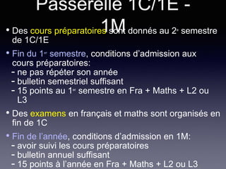 Passerelle 1C/1E -
1M• Des cours préparatoires sont donnés au 2e
semestre
de 1C/1E
• Fin du 1er
semestre, conditions d’admission aux
cours préparatoires:
- ne pas répéter son année
- bulletin semestriel suffisant
- 15 points au 1er
semestre en Fra + Maths + L2 ou
L3
• Des examens en français et maths sont organisés en
fin de 1C
• Fin de l’année, conditions d’admission en 1M:
- avoir suivi les cours préparatoires
- bulletin annuel suffisant
- 15 points à l’année en Fra + Maths + L2 ou L3
 