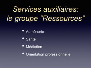 Services auxiliaires:
le groupe “Ressources”
• Aumônerie
• Santé
• Médiation
• Orientation professionnelle
 