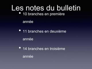 Les notes du bulletin
• 10 branches en première
année
• 11 branches en deuxième
année
• 14 branches en troisième
année
 