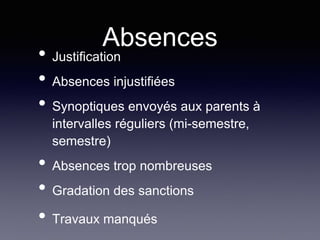 Absences
• Justification
• Absences injustifiées
• Synoptiques envoyés aux parents à
intervalles réguliers (mi-semestre,
semestre)
• Absences trop nombreuses
• Gradation des sanctions
• Travaux manqués
 