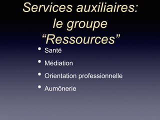 Services auxiliaires:
le groupe
“Ressources”
• Santé
• Médiation
• Orientation professionnelle
• Aumônerie
 