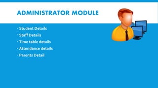 ADMINISTRATOR MODULE
 Student Details
 Staff Details
 Time table details
 Attendance details
 Parents Detail
 