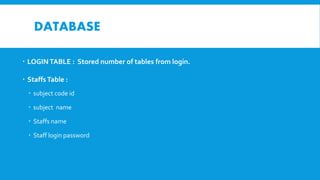 DATABASE
 LOGINTABLE : Stored number of tables from login.
 Staffs Table :
 subject code id
 subject name
 Staffs name
 Staff login password
 