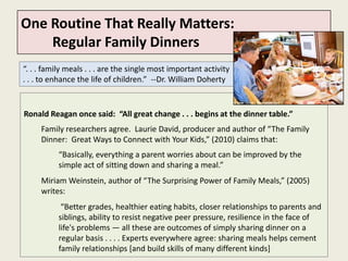 One Routine That Really Matters:
    Regular Family Dinners
“. . . family meals . . . are the single most important activity
. . . to enhance the life of children.” --Dr. William Doherty


Ronald Reagan once said: “All great change . . . begins at the dinner table.”
     Family researchers agree. Laurie David, producer and author of “The Family
     Dinner: Great Ways to Connect with Your Kids,” (2010) claims that:
           “Basically, everything a parent worries about can be improved by the
           simple act of sitting down and sharing a meal.”
     Miriam Weinstein, author of “The Surprising Power of Family Meals,” (2005)
     writes:
            “Better grades, healthier eating habits, closer relationships to parents and
           siblings, ability to resist negative peer pressure, resilience in the face of
           life's problems — all these are outcomes of simply sharing dinner on a
           regular basis . . . . Experts everywhere agree: sharing meals helps cement
           family relationships [and build skills of many different kinds]
 