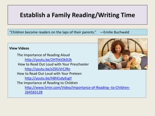 Establish
      Establish a Family Reading/Writing Time

“Children become readers on the laps of their parents.” —Emilie Buchwald



View Videos
    The Importance of Reading Aloud
         http://youtu.be/2HThtiOkD2k
    How to Read Out Loud with Your Preschooler
         http://youtu.be/sZSlUVrCJRo
    How to Read Out Loud with Your Preteen
         http://youtu.be/hBhEsdy6vgY
    The Importance of Reading to Children
         http://www.5min.com/Video/Importance-of-Reading--to-Children-
         264565128
 