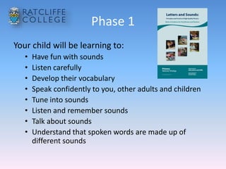 Phase 1
Your child will be learning to:
• Have fun with sounds
• Listen carefully
• Develop their vocabulary
• Speak confidently to you, other adults and children
• Tune into sounds
• Listen and remember sounds
• Talk about sounds
• Understand that spoken words are made up of
different sounds
 