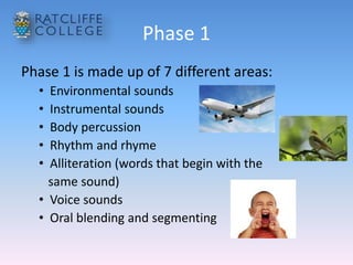 Phase 1
Phase 1 is made up of 7 different areas:
• Environmental sounds
• Instrumental sounds
• Body percussion
• Rhythm and rhyme
• Alliteration (words that begin with the
same sound)
• Voice sounds
• Oral blending and segmenting
 